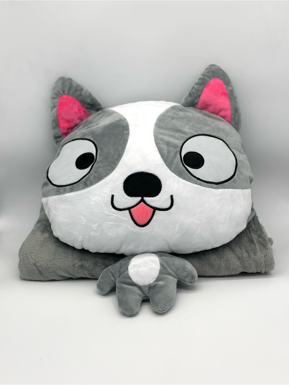 Toddler Cartoon Gray Doggie Pillow With Stuffed Blanket Throw And Hand Warmer